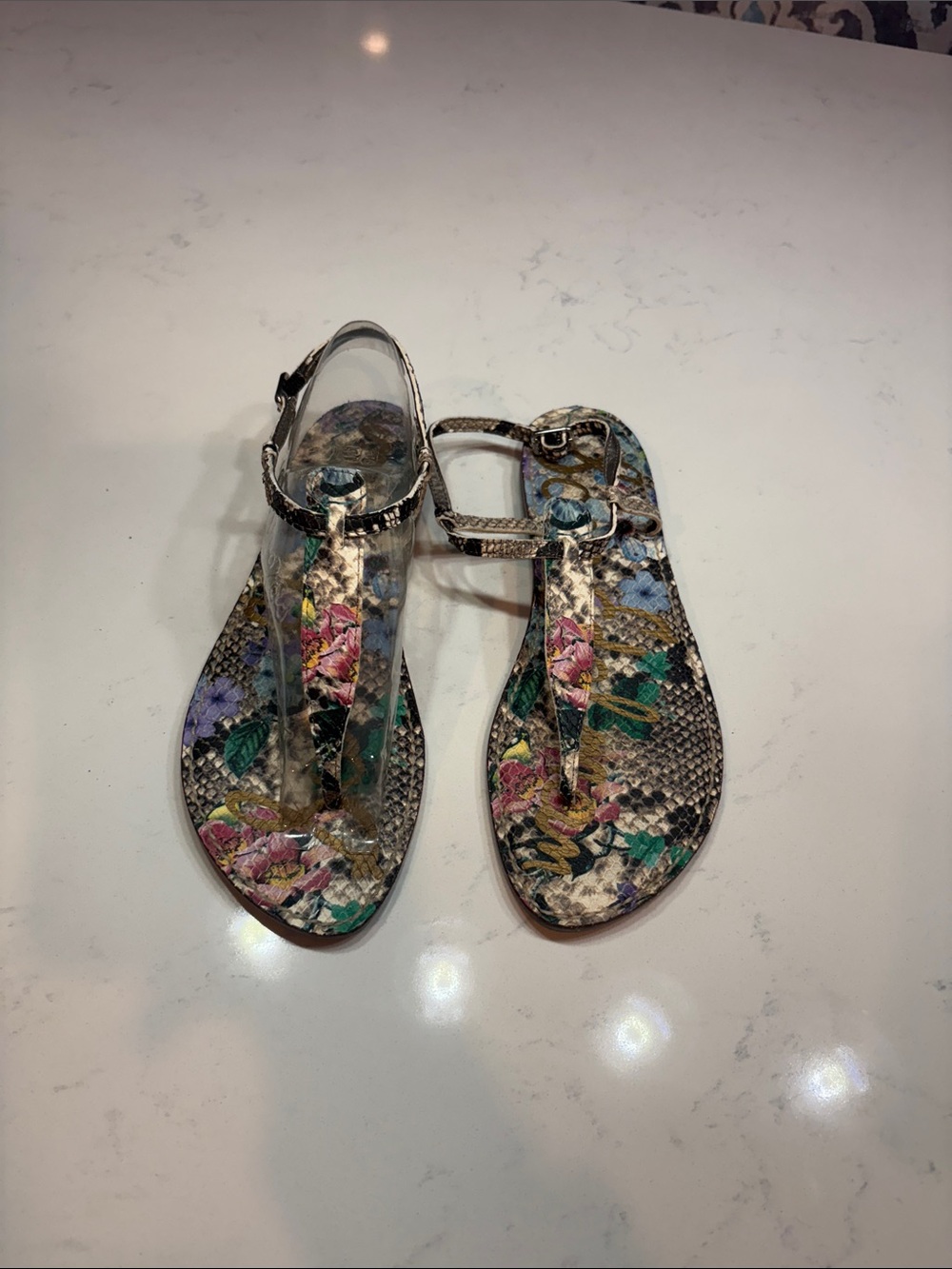 Floral Snake-Print T-Strap Sandals in Multicolor